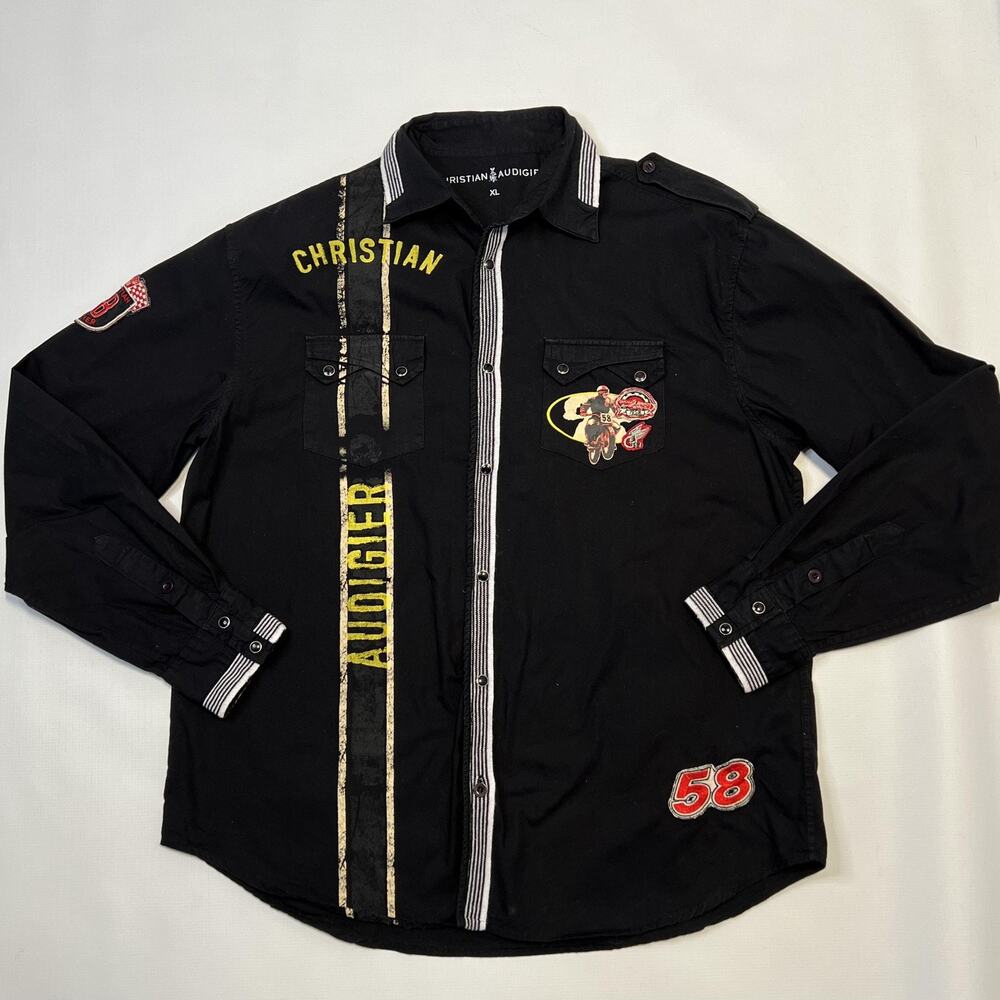 Christian Audigier Shirt Mens XL Black Racing Motorcycle Garage Parts Cotton 58